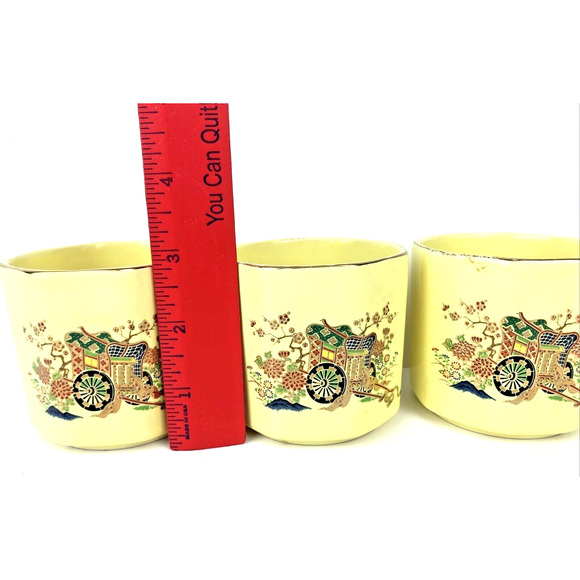Vintage Japanese‎ Sake Tea Cup 3 Piece Yellow Cart Design Octagon Rim Pin Stripe - Picture 6 of 9